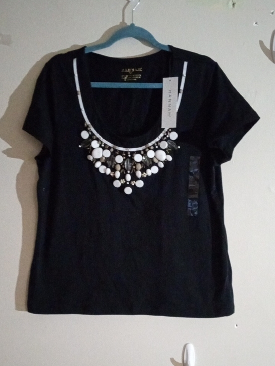 Hannah Tops - Hannah Black Short-Sleeve Tee with White & Silver Bead Embellishment Size XL NWT